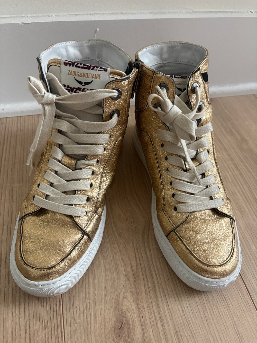 Zadig & Voltaire Metallic Gold High-Top Sneakers with Cream Laces - women’s 8